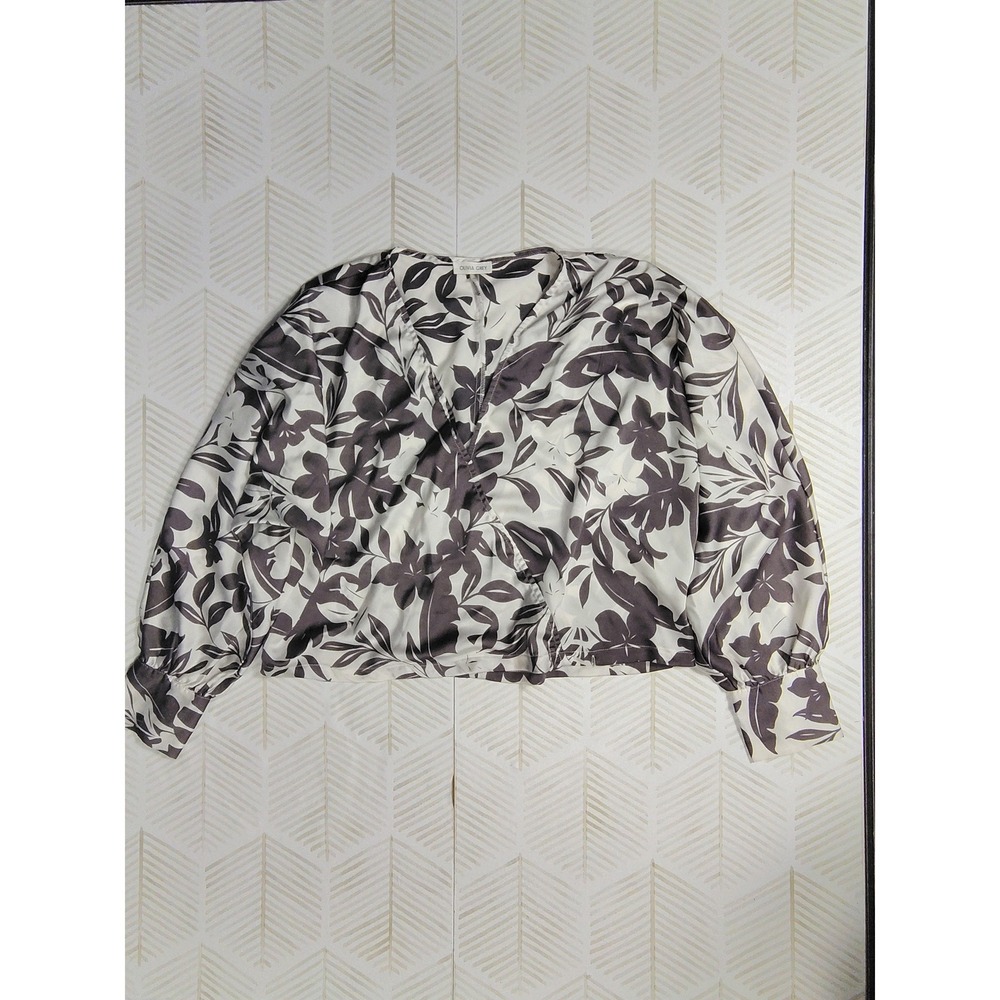 Olivia Grey Floral Satin Blouse Gray White Long Sleeve Top FT8309DL‎ XS
